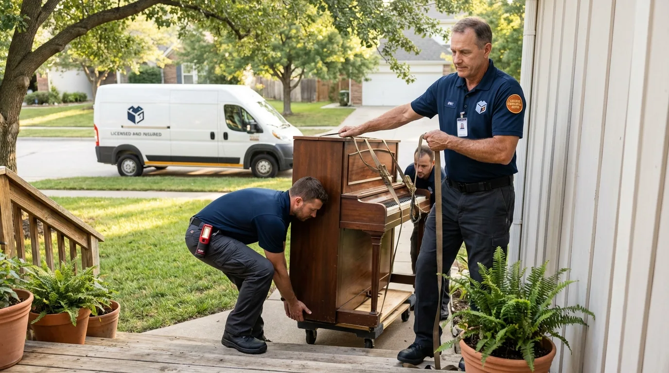Licensed piano movers securing grand piano in Mascot, TN
