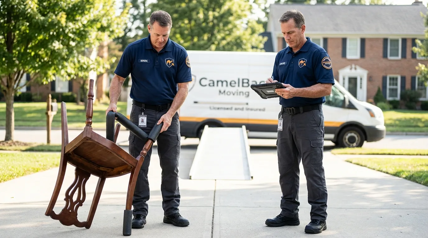 Movers inspecting furniture for damage prevention before loading in Mascot, TN