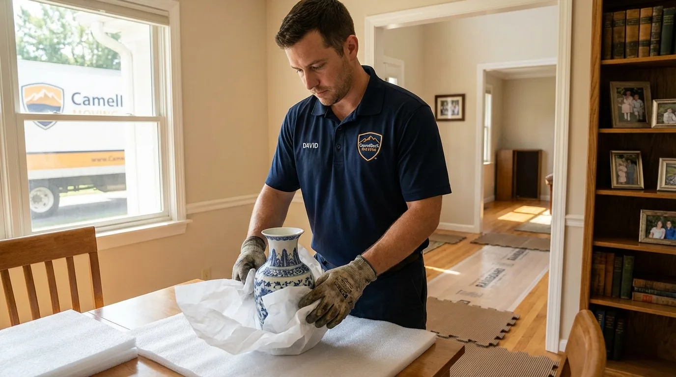 Professional crew carefully wrapping antique vase for senior downsizing move in Mascot, TN